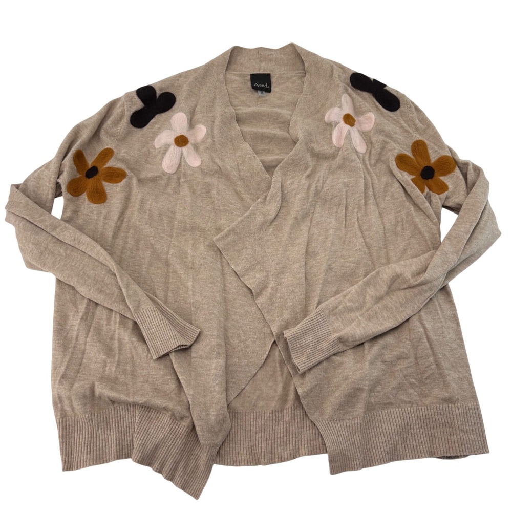 Aaeda Womens Beige Floral Applique Open Front Draped Knit Cardigan Sweater M